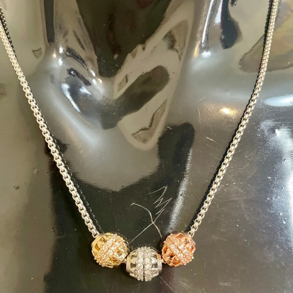 Tri Tone Filigree Bead Necklace 18K Gold Filled CZ Embellished NWOT